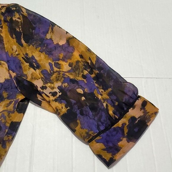 UO Staring at the Stars Boho Brown Smokey Abstrsct Pleated Cuffed Sleeves Top - Picture 10 of 13